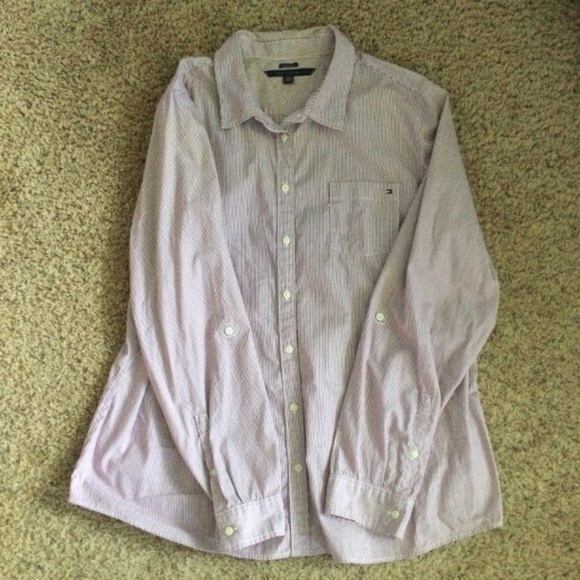 TOMMY HILFIGER Roll-Tab Button-Up Shirt Maroon and White Stripes [CLEAR… - Picture 2 of 7